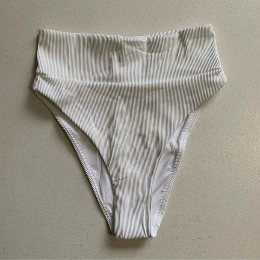 Aerie White Ribbed Waist High Cut Cheeky Bikini Bottom Size XS NWT